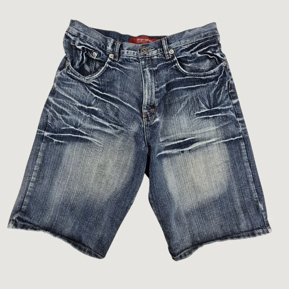 Brooklyn Xpress Mens Blue Denim Shorts Size 36 Relaxed Fit Whiskered Streetwear